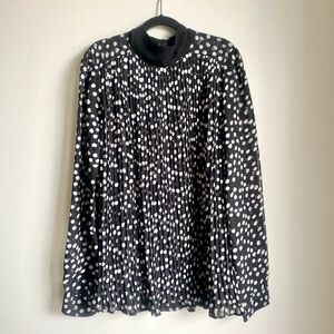 NWOT Zara Black and White Polka Dot Pleated Blouse with High Neck and Bow